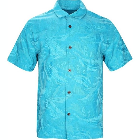 Havana Breeze Men's Silk-Linen Hawaiian Shirt - Blue Leaf Print, Short Sleeve Casual Beach Shirt (Size L)